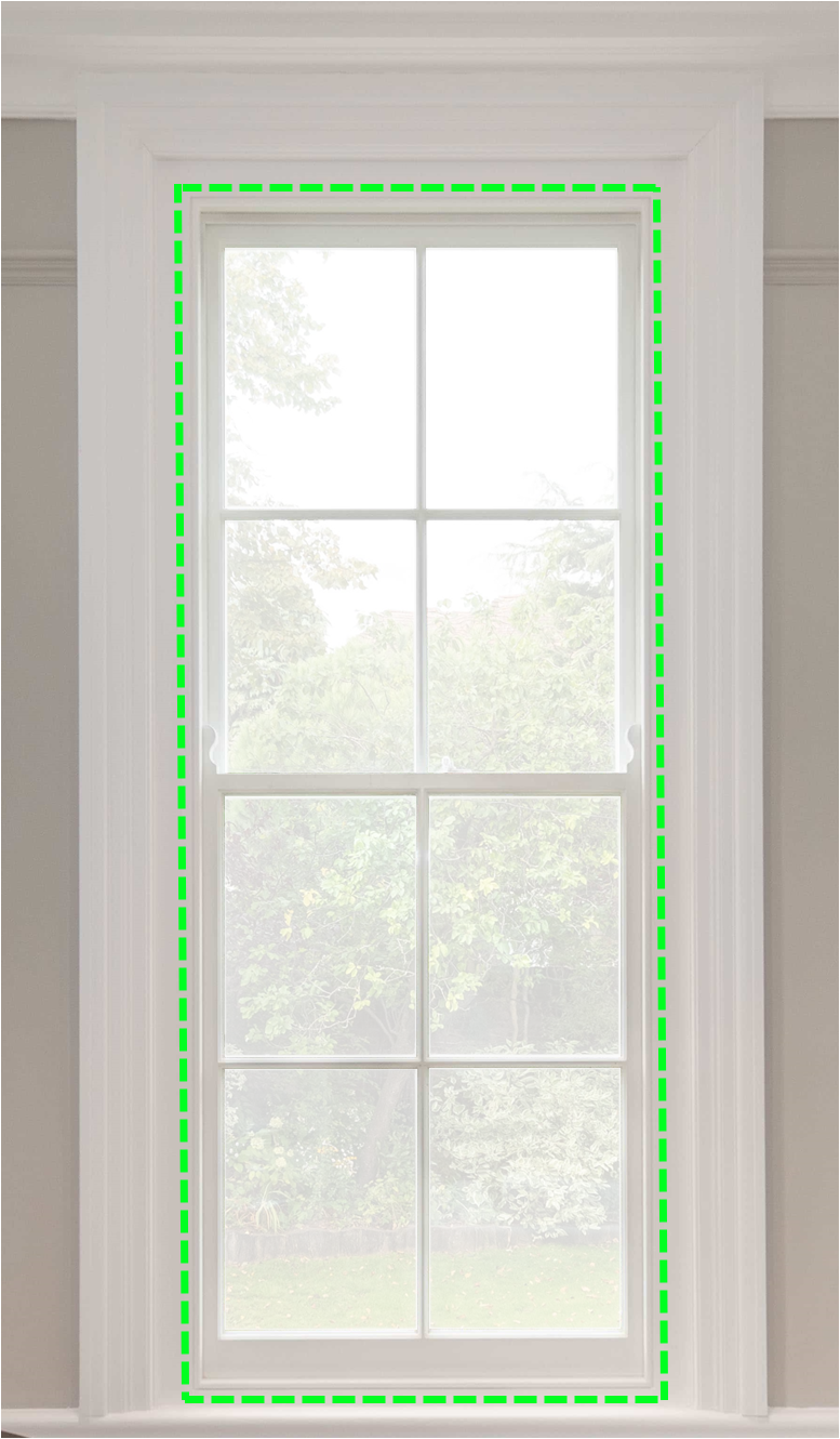 A white sash window with a bright green outline showing where the outer placement is situated