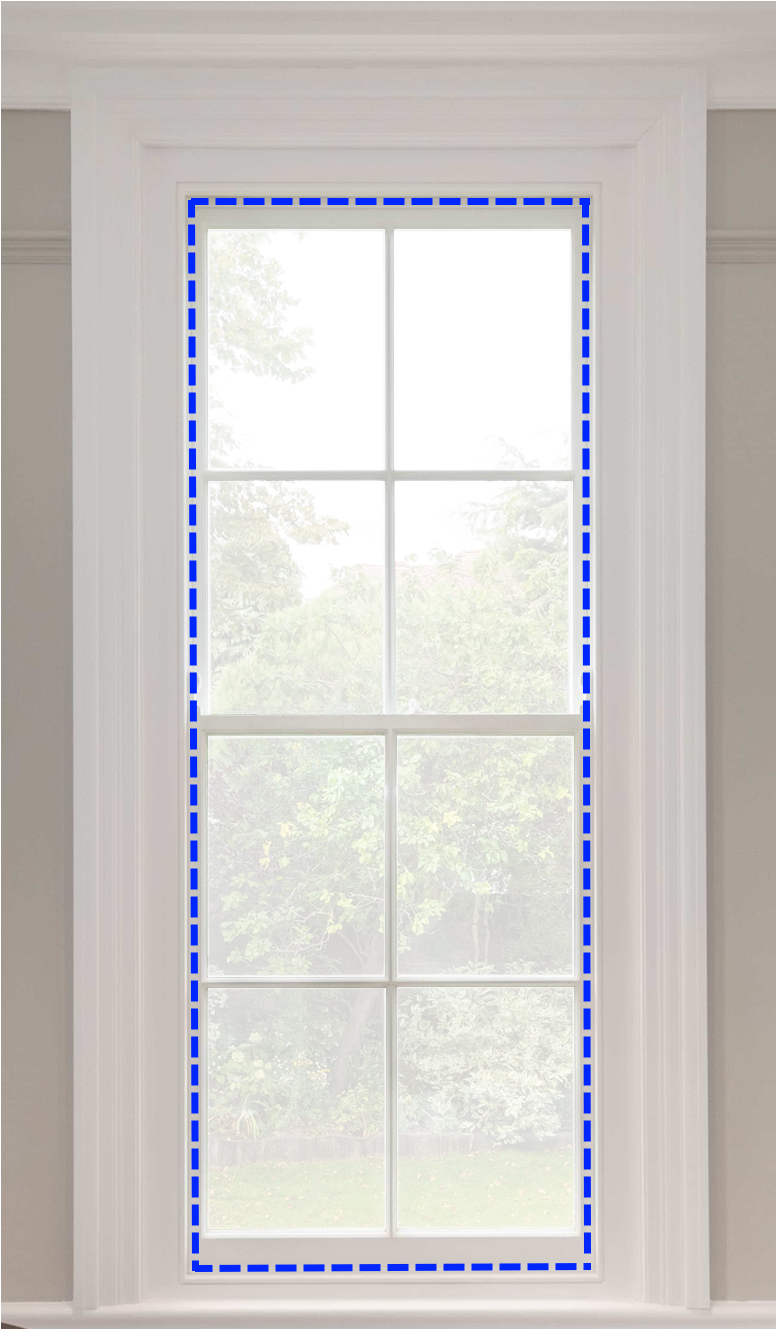 A white sash window with a dashed blue outline showing where the subframe placement is situated