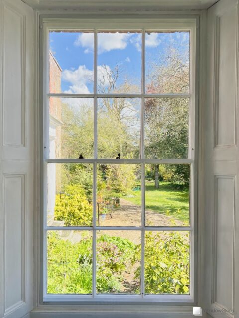 IMG_6900 (QHD) Grade 2 Listed Georgian Sash window with original panel shutters fitted with WindowSkins magnetic secondary glazing using the Subframe placement