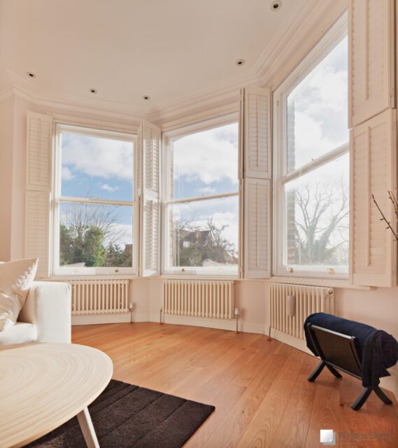 Three shuttered sash windows with WindowSkins secondary glazing fitted to bespoke timber subframes