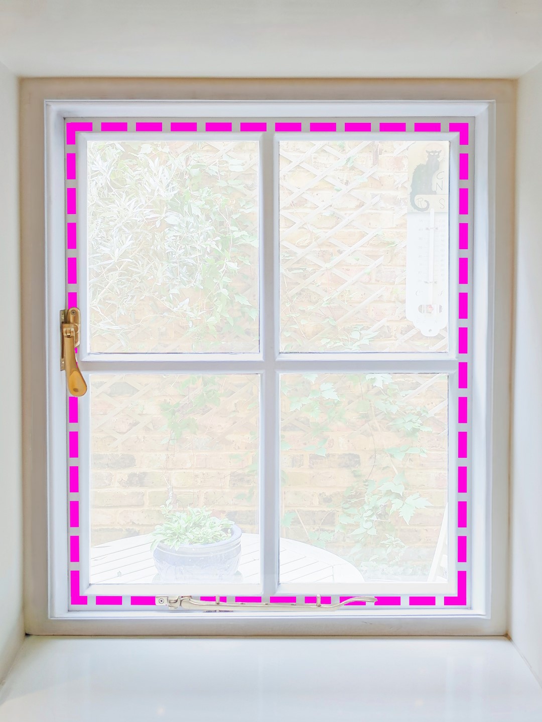 Casement window with dashed pink line illustrating inner placement positioning