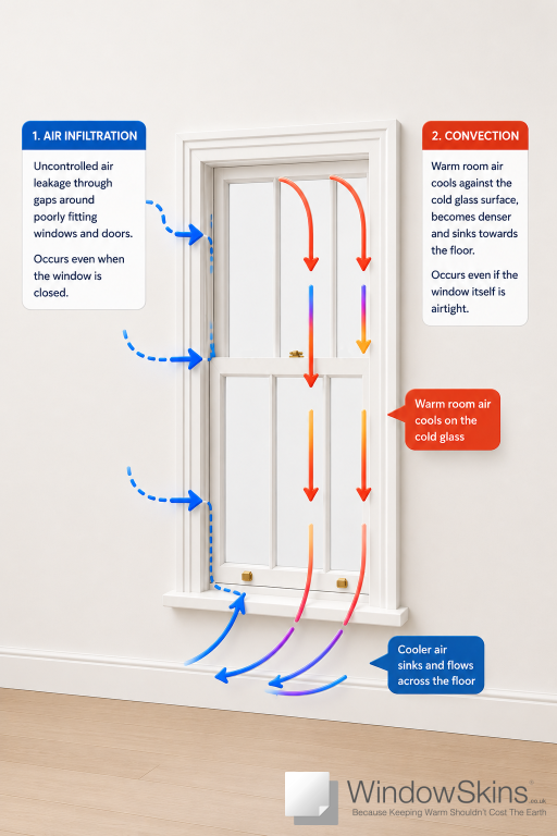 Diagram showing air infiltration through a sash window and convection draughts caused by cold glass, illustrating two common sources of heat loss.