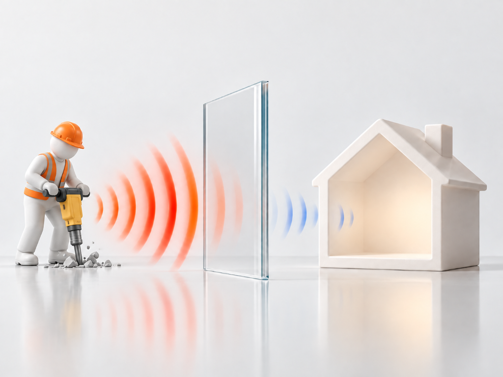 Secondary glazing noise barrier reducing jackhammer noise between construction work and a nearby house.