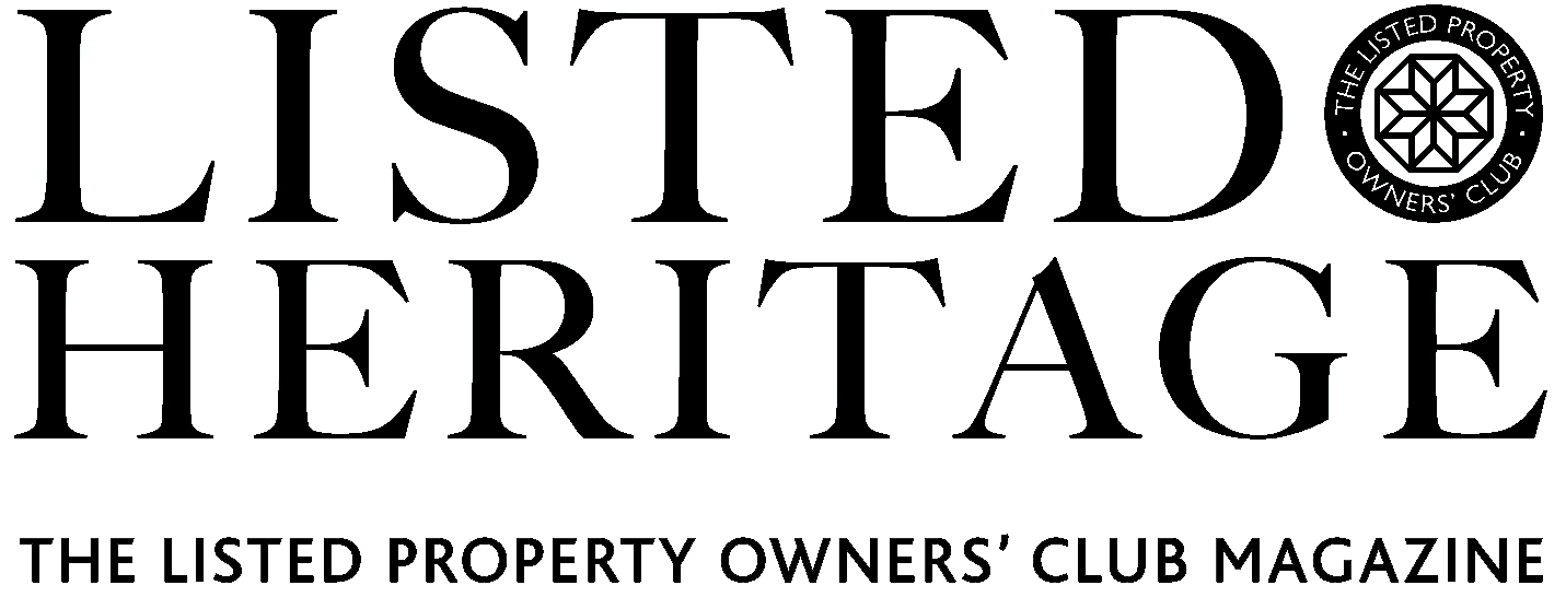 Listed Heritage magazine logo with outlined typography and a geometric crest.